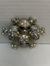 Triple Skull Rhinestone Belt Buckle Gothic Biker AB Crystal Silver Tone