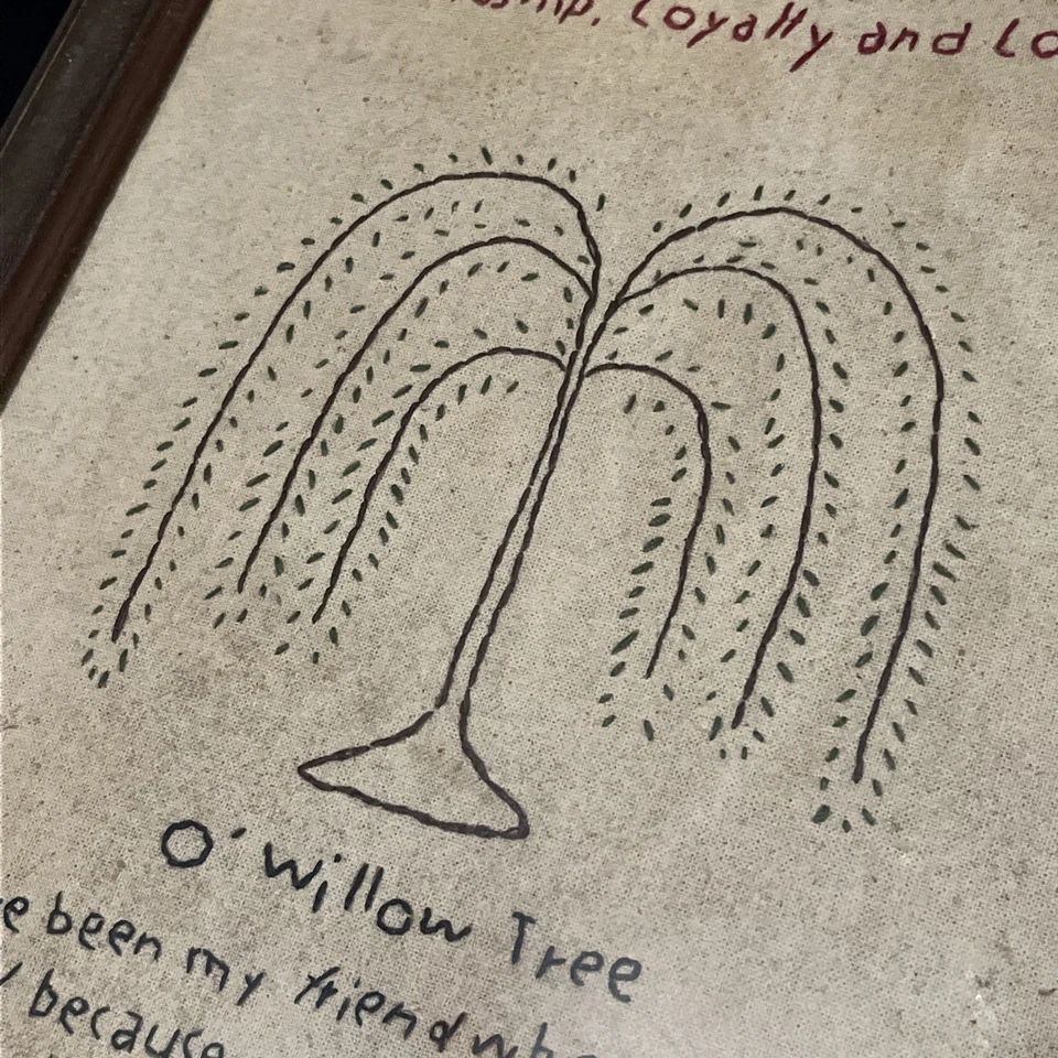 Vtg Primitive Folk Art Framed Embroidery Stitchery “O Willow Tree” 70’s Quote - Image 4 of 4