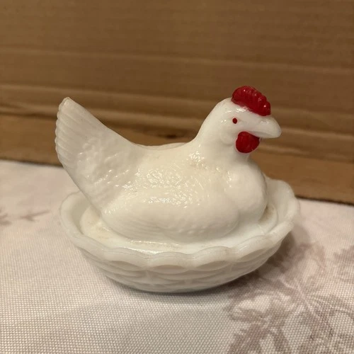 Vintage Small Milk Glass Hen on Nest Covered Dish Westmoreland Glass