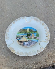 Panama Souvenir Ashtray  Ceramic Scenes Gold Filagree Trim Vintage 