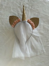 Unicorn Horn and Ears Headband Gold White Pink Gray with Veil Costume Accessory