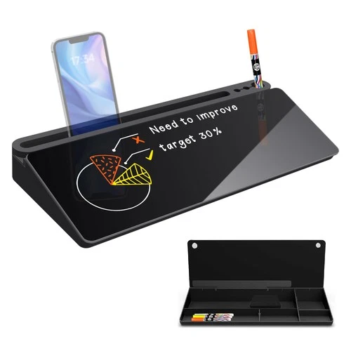 Sliandtelly Black Desktop Whiteboard with Storage, Desk Glass White Board Pad