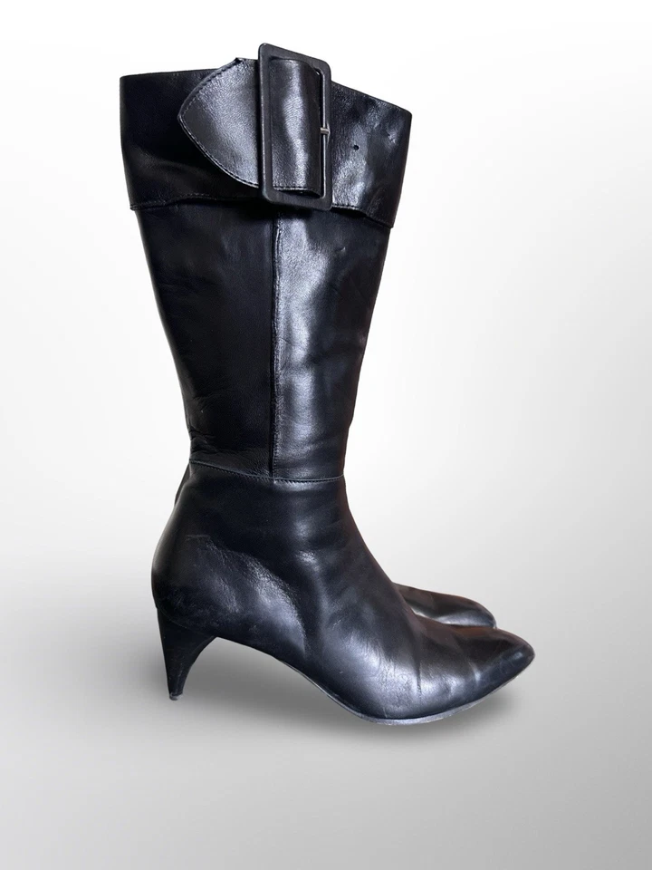 Botas negras vintage Y2K Disfraz Nacional con cinturón media pantorrilla punta de aguja punta 39 Foto 2 de 4
