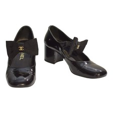 Chanel Black Patent Calfskin Leather Grosgrain Bow Mary Jane CC Block Heel Pumps