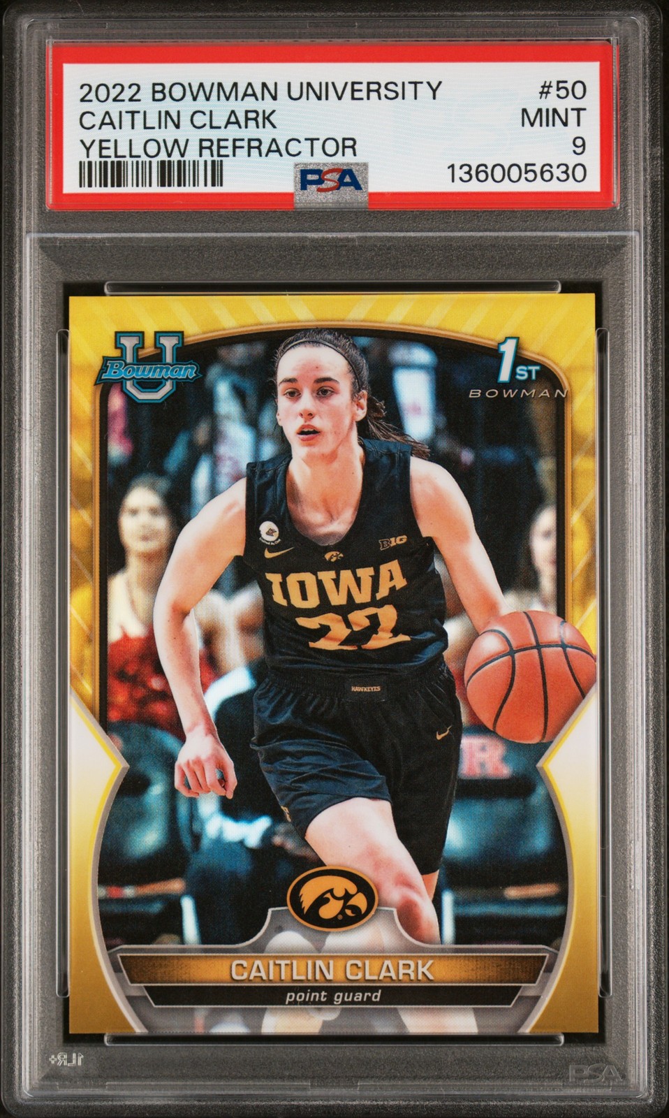 2022 BOWMAN CHROME UNIVERSITY YELLOW REFRACTOR #50 CAITLIN CLARK 37/75 PSA 9