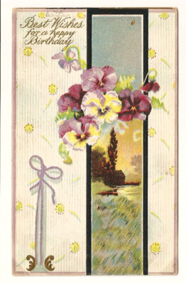 Birthday Greetings Postcard Flowers Scenic Embossed c1910