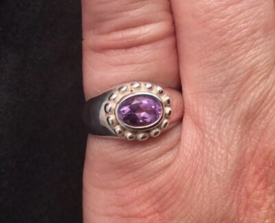 *Vintage Signed OSX Sterling Silver Oval Cut 5x7 Amethyst Pebbled Ring 6