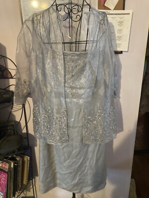 Alex Evenings Lace Sequin Sheath Dress and Jacket Size 18 W Silver Formal Event