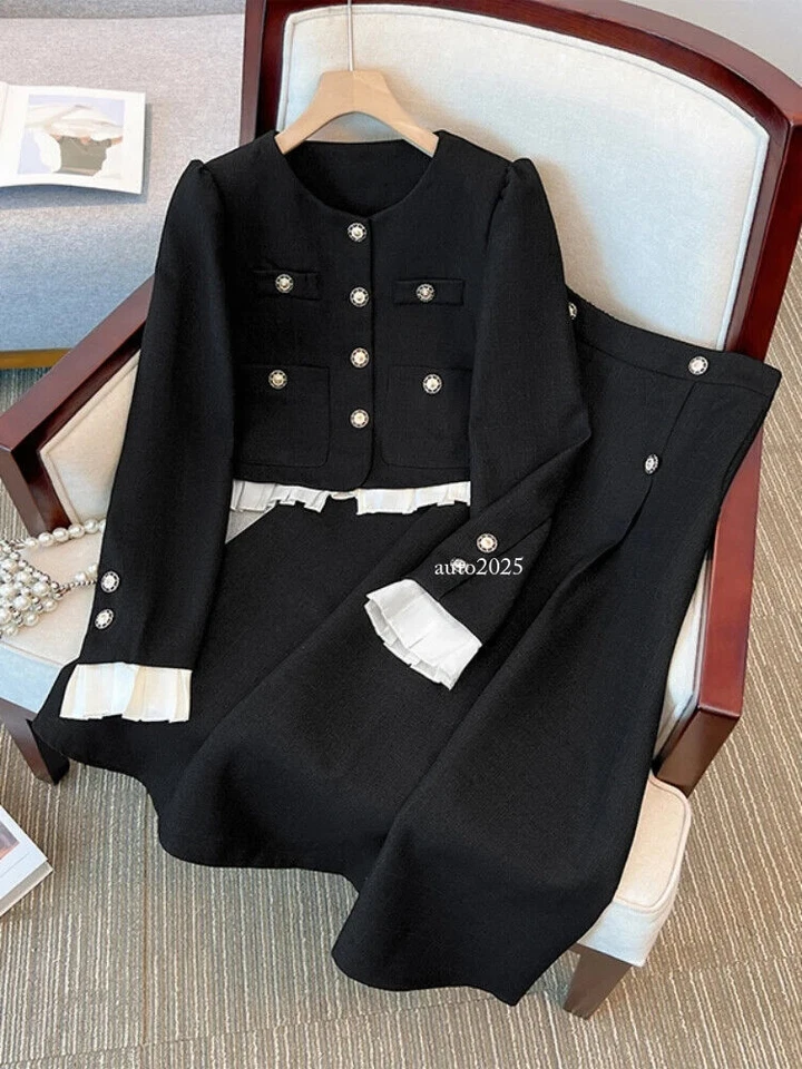 Otoño Invierno Tweed Francés Conjunto de 2 Piezas Chaqueta Corta Abrigo + Trajes Falda Larga Tejida Foto 2 de 4