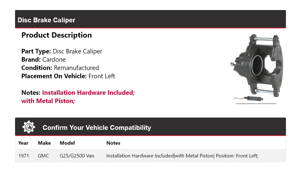 For 1971 GMC G25/G2500 Van Disc Brake Caliper Front Left Cardone - Image 2 of 4