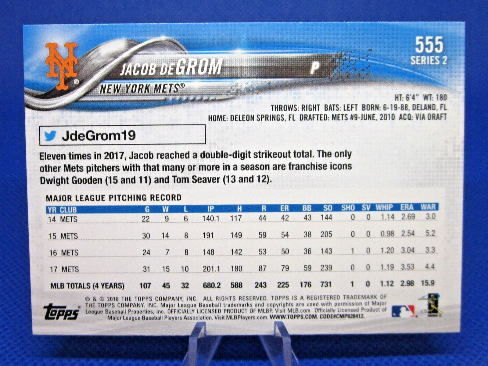 2018 TOPPS SERIES 2 #555 JACOB deGROM SHORT PRINT SP VARIATION NEW YORK METS