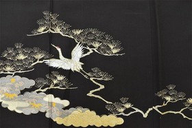 JAPANESE VINTAGE KIMONO SILK JACKET ROBE TOMESODE WEDDING BLACK CRANE 3mt3525