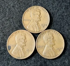 1938 D (3 Coins) Lincoln Wheat Pennies- Free Shipping