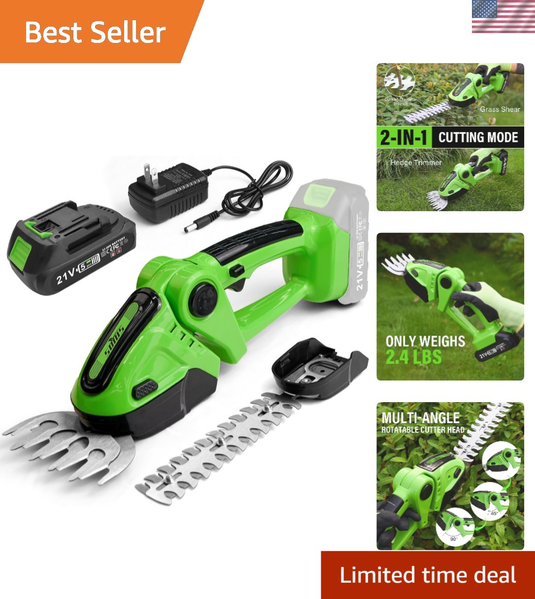 Cordless Grass Shear 21V 2-in-1 Hedge Trimmer Lawn & Bush Trimmer Batteries