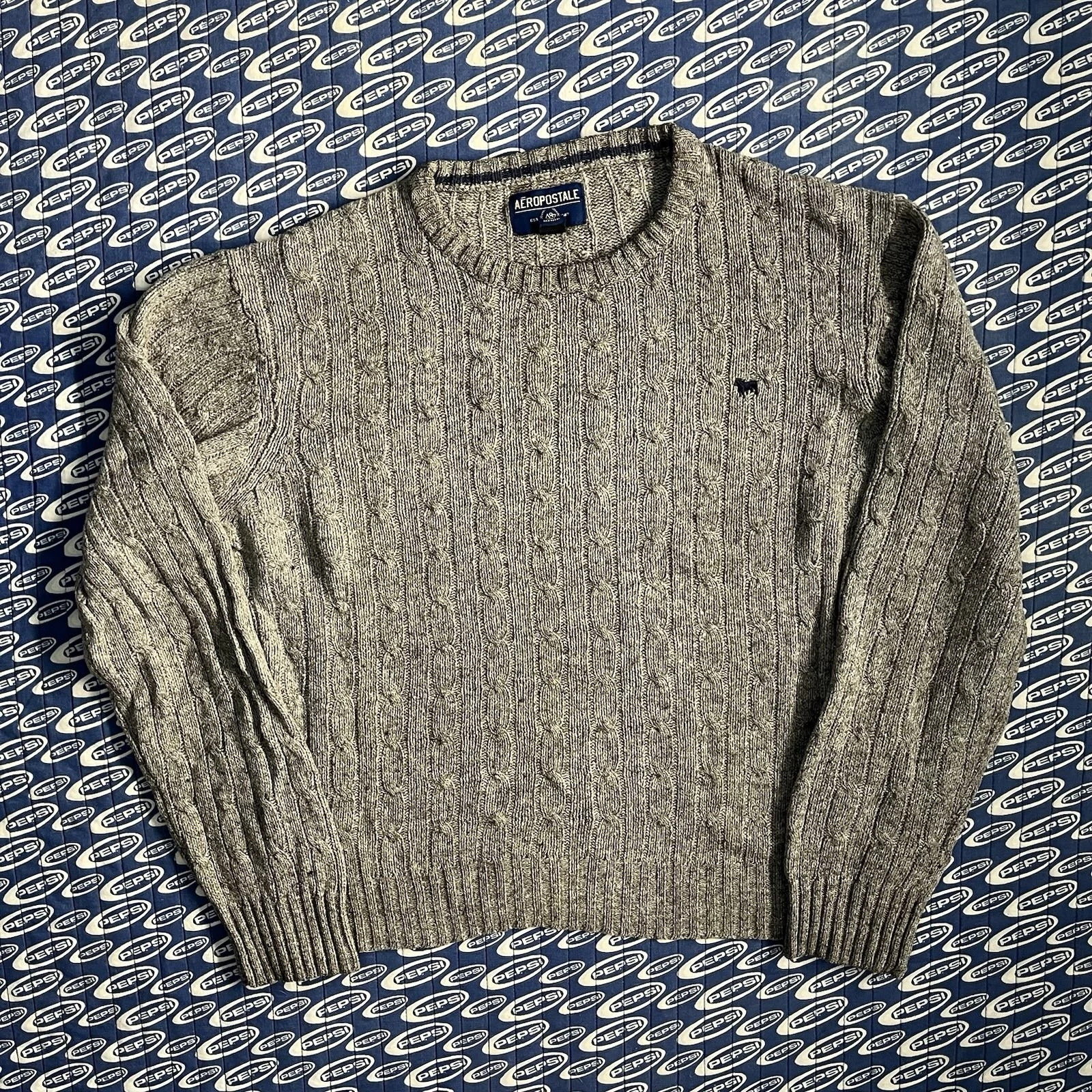 Aeropostale Sweater Mens Large Gray Cable Knit Fisherman Wool Blend Y2K