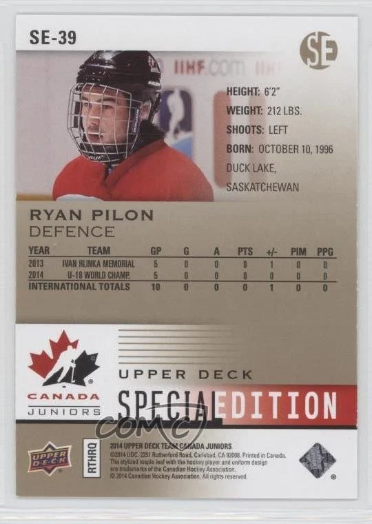 2014 Upper Deck Team Canada Juniors SE Gold Ryan Pilon #SE-39 - Image 2 of 2
