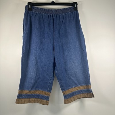 VTG Gepetto Denim Capris w/Brown Polka Dot Ruffle Cuff Elastic Waist 25.5 x14 