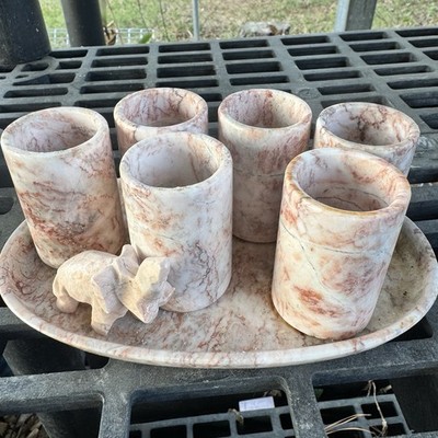 Stone/Marble Shot Glasses Set Of 6 With Matching Tray & Elephant Figurine