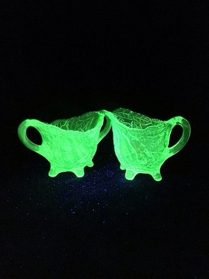 URANIUM INDIANA GLASS GREEN DEPRESSION  SWEET PEAR  FOOTED CREAM & SUGAR