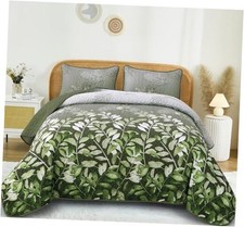  Quilt Set Queen,3 Pieces Botanical Leaves Printed Queen(96"×90") Olive Green