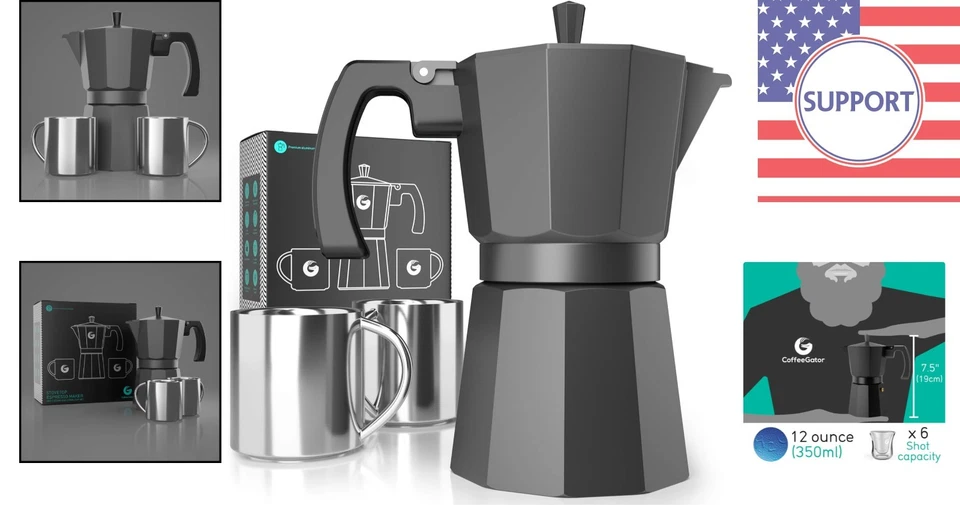 Olla Moka clásica de 6 tazas - Cafetera espresso portátil con tazas de acero inoxidable Foto 2 de 4