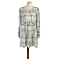 Mine Womans Plaid Smock Dress Size M Loony Sleeve Ivory Green 