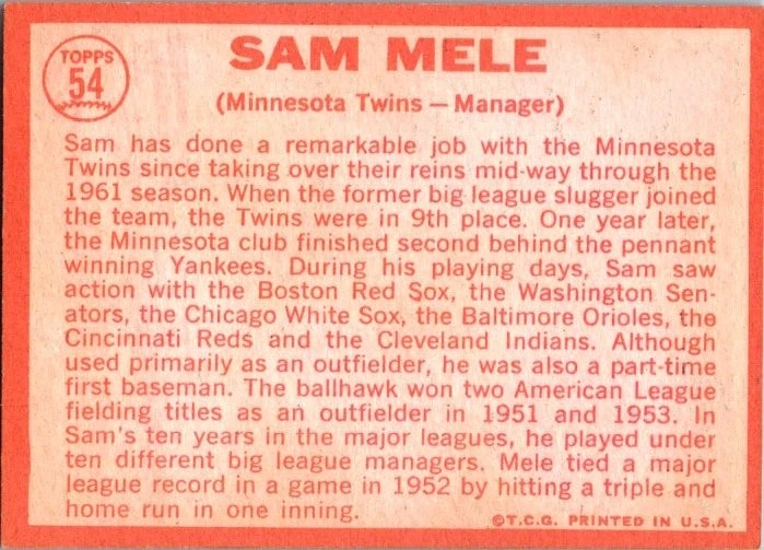 VINTAGE BASEBALL CARD TOPPS 1964 SAM MELE MINNESOTA TWINS NO35 - Image 2 of 2