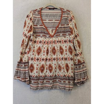 Blu Pepper Women's Size L Tribal Boho Blouse Rust V-Neck Bell Sleeve