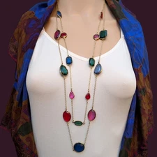 Erika Lyons EL Signed Long 2-Tier Colorful Station Statement Necklace Gold Tone