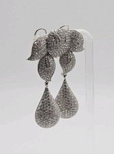 Sterling Silver Layered Leaf Teardrop Pav  CZ Dangle Earrings