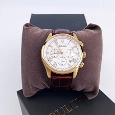 Bulova Men Wilton White White Dial Brown Leather 97B169 Chronograph Watch 46.5mm