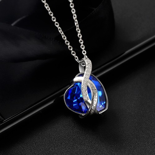 DAMEN HALSKETTE HERZ ANHÄNGER BLAU HERZ KETTE ZIRKONIA GRAVUR GESCHENK LIEBE NEU - Bild 3 von 5