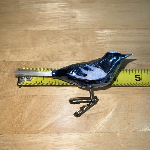 Perched Songbird on Clip with Tail. Blown Glass Ornament Blue - Picture 24 of 24