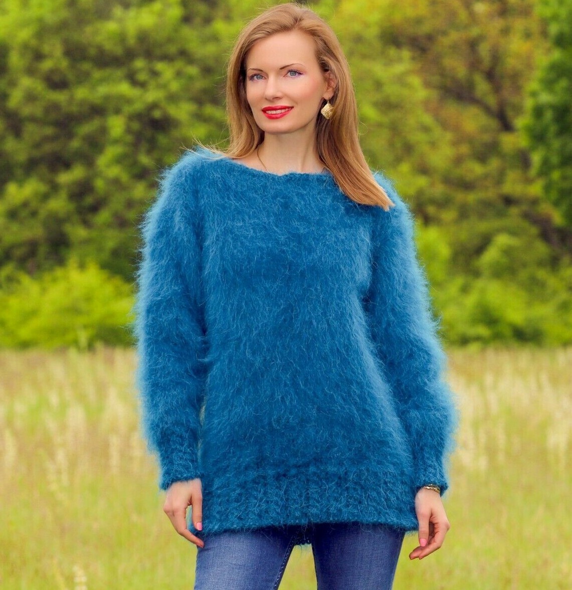 Light summer mohair sweater soft fluffy top green hand knitted