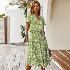 Women Polka Dot Sundress Retro Button V Neck A Line Tie Waist Soft Travel Casual