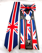 United Kingdom British Flag Bow tie,Necktie and UK Flag Y-Back Suspenders-New 