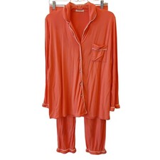 Ekouaer Womens Size Medium Pajama Set Coral W/Piping LS Pants Button V-39