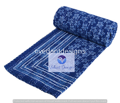 Indian Handmade Twin Cotton Kantha Quilt Throw Blanket Bedspread Block Bedcover