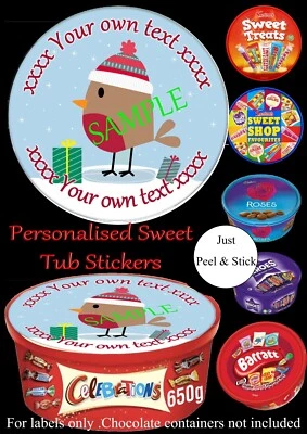 SWEET IMAGE DESIGN Personalised Christmas Chocolate Tub Label Sticker Heroes Celebrations Roses lid
