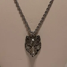 WOLF HEAD Pewter Pendant Charm / 18"-24" STAINLESS ROPE CHAIN NECKLACE 