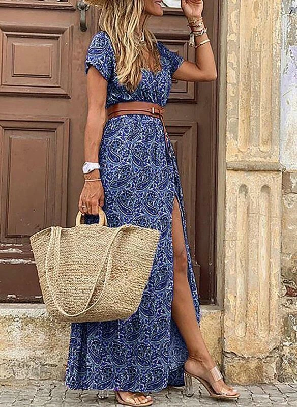 Fashion Girls V Neck Belt Retro Floral Print Summer Side Slit