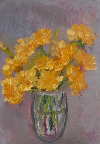 dandelions original oil painting, bouquet of dandelions in vase, yellow flowers