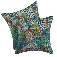Bohemian Indian Cotton Throw Pillow Covers Boho Kantha 16x16 In Paisley Set Of 2