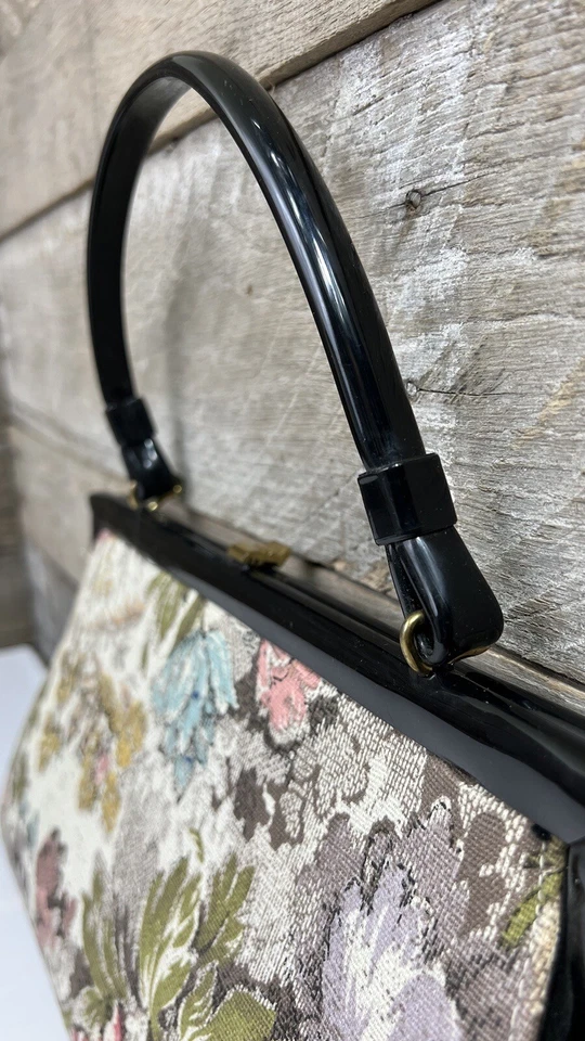 Bolsa de mão vintage estruturada floral tapeçaria Rockabilly clássica bolsa de domingo 💐 - Imagem 4 de 4