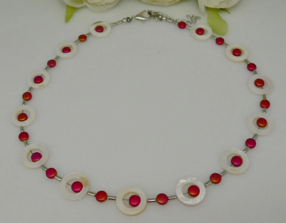 zarte kette Halskette Perlmutt Muschel naturweiss Perlen twocolor rot gold 406g - Bild 4 von 4