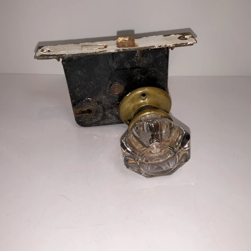 Antiguo juego de cerradura de puerta interior de latón y acero perilla de vidrio Foto 4 de 4