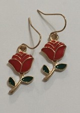 Red Rose Enamel Flower Charm Dangle Earrings green Leafs Gold Plated Hooks