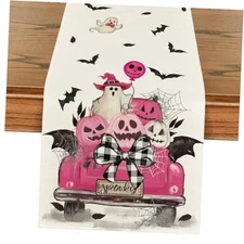  Jack-O'-Lantern Pumpkins Ghost Spooky Truck 13" x 72", Table Runner Pink