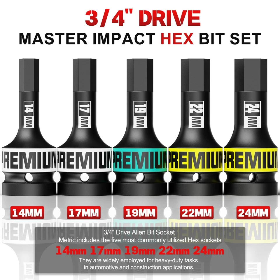 3/4" Drive Impact Hex Bit Set, 5 Piece Allen Bit Socket Set, 14-24mm, Metric,... - Image 2 of 4