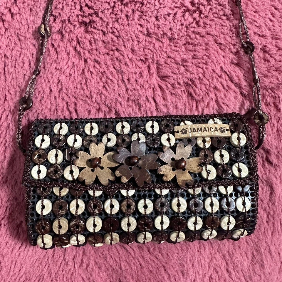 Monedero bandolera tejido marrón y blanco Foto 4 de 4